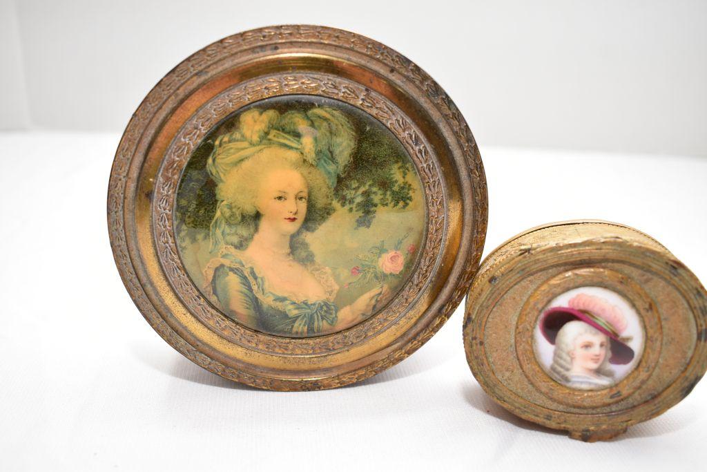 Small Copper Trinket Box + round copper powder box; both w/Women Photos