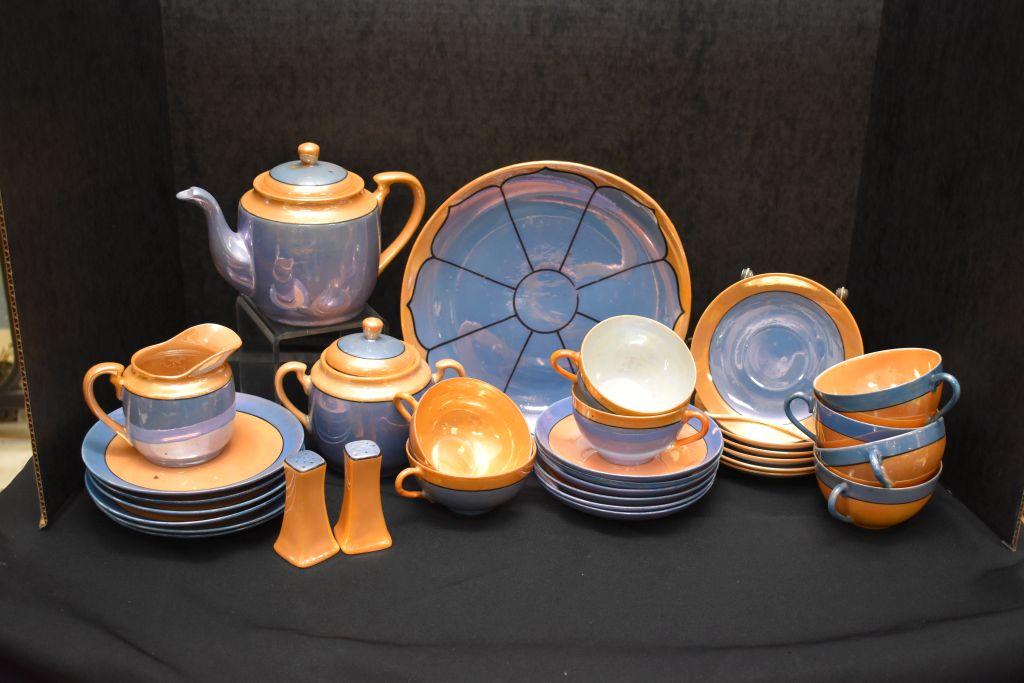 Group of Meite Lusterware China Tea Pot + Cream & Sugar, Snack Plates, Dess