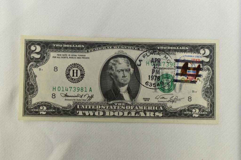 1976 $2 Dollar Note Stamped LaPlata, MO