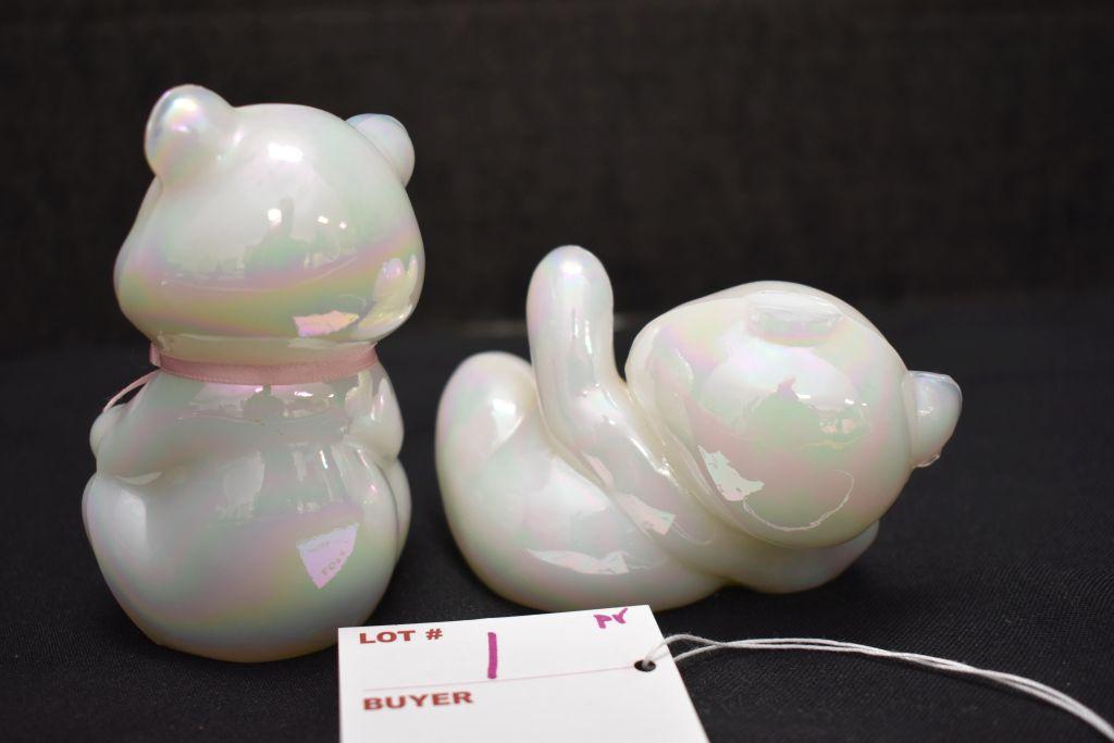 Pair of White Luster Fenton Bear Figurine -  1 Has Broken Ear