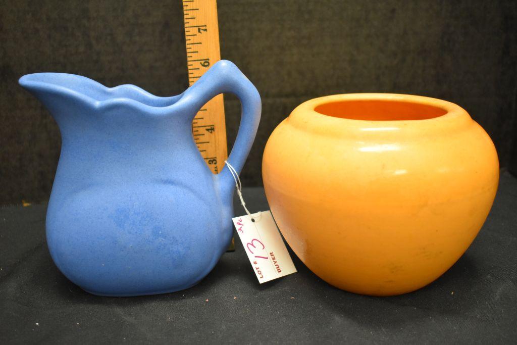 Unmarked Matte Blue Pitcher and Unmarked Orange Bowl