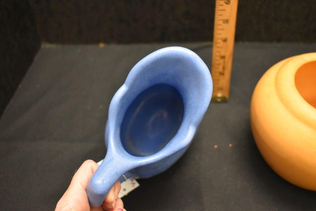 Unmarked Matte Blue Pitcher and Unmarked Orange Bowl