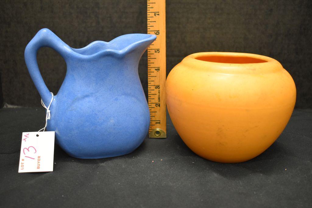 Unmarked Matte Blue Pitcher and Unmarked Orange Bowl