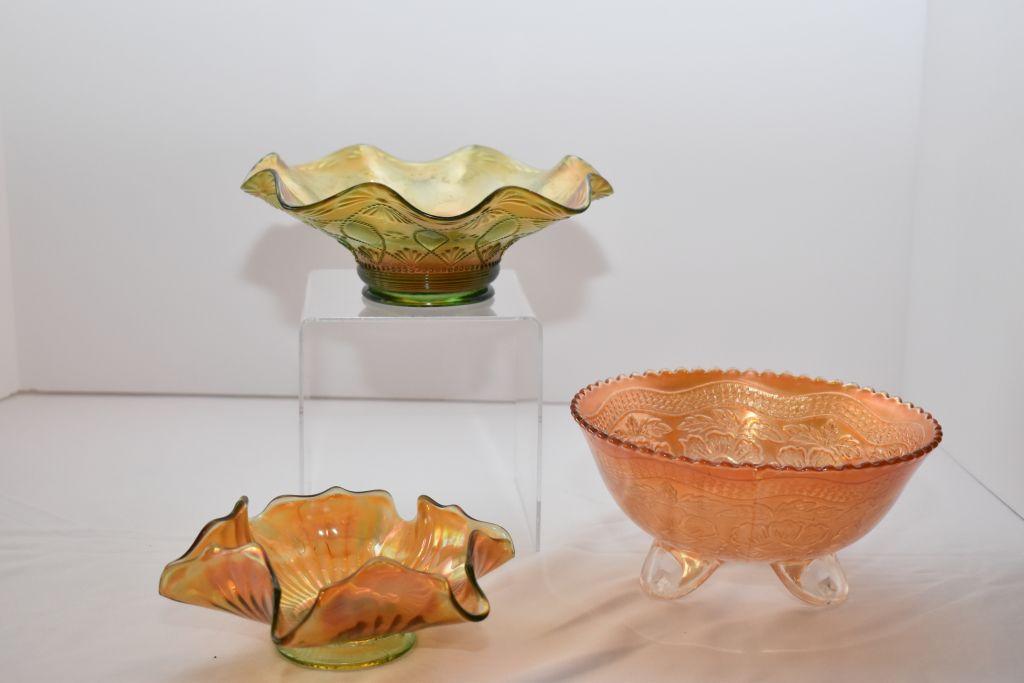 Group of 3 Carnival Mini Bowls: Marigold, Green Ruffle Edge + Green Fan + Daisy