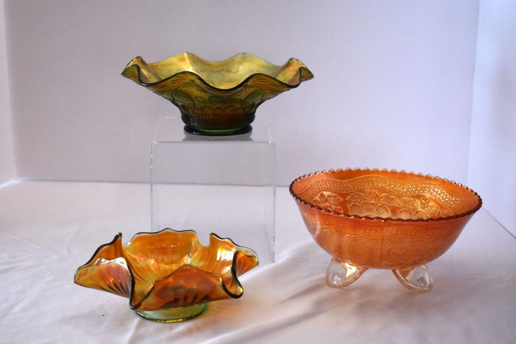 Group of 3 Carnival Mini Bowls: Marigold, Green Ruffle Edge + Green Fan + Daisy