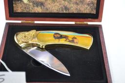 Folding Lion and Lioness African Knife w/Red Wooden Box