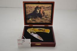 Folding Lion and Lioness African Knife w/Red Wooden Box