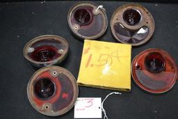 Group of 5 1928-31 Plymouth, Dodge, DeSoto, Chevy Tail Lights w/ Rim - 1 Lens is Cracked