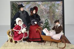 Victorian Hand Made Doll Set of Winter Scene, Family in Park in case