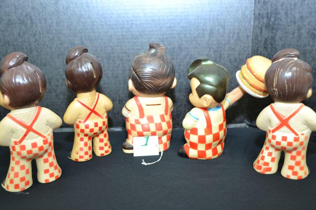 5 Big Boy Restaurant Vinyl Bank Dolls - 1 has a crack in the arm