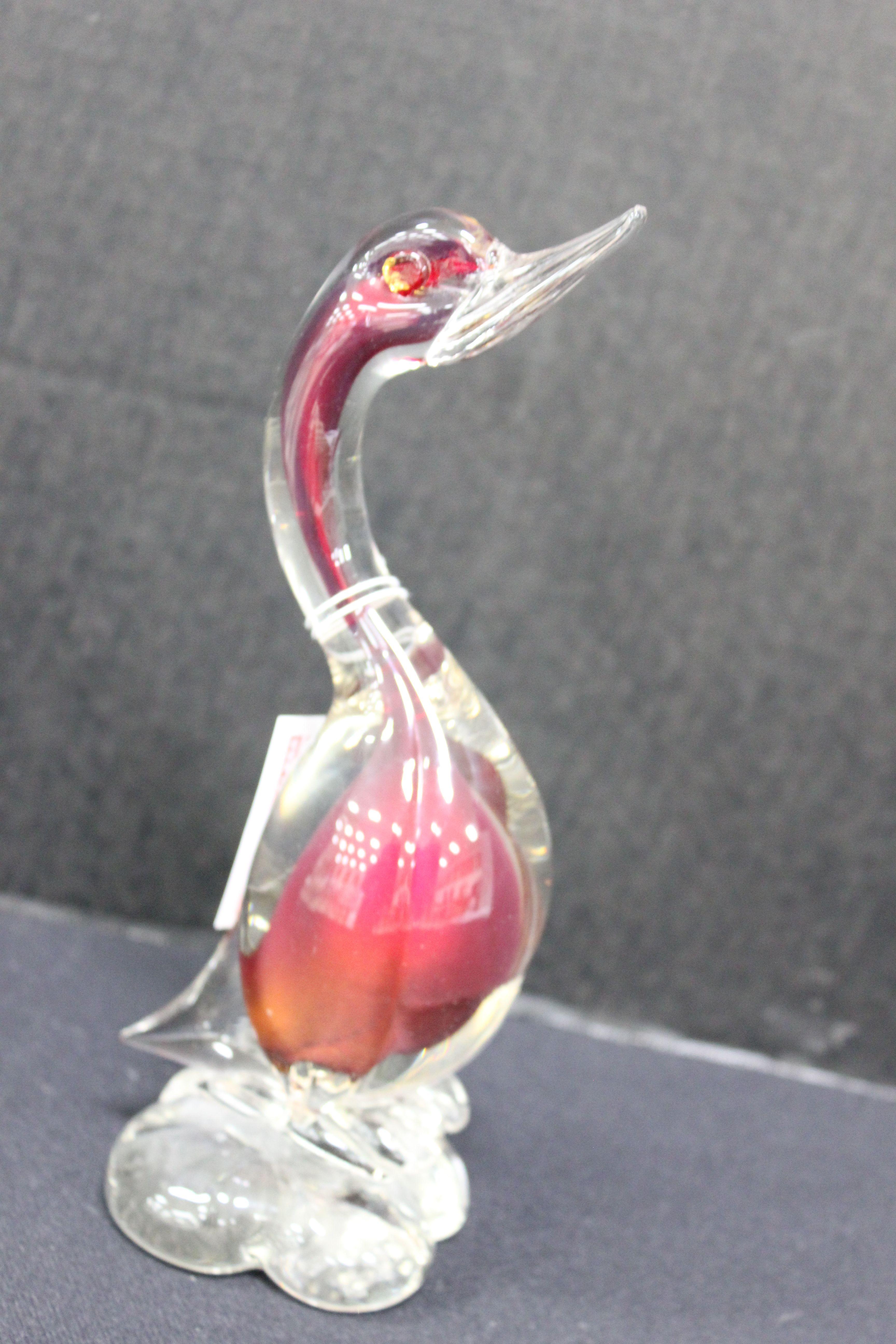 Hand Blown Loon/Bird Red and Clear Glass Paper Weight 8 Inches