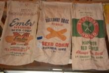 Set of 3 Seed Sacks with Advertising including Lacrosse Brand, Holloway Bros. Seed Corn, and Embro H