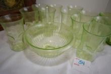 Green Depression Glass 7" Mixing Bowl w/11 Drinking Glasses