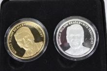 Ronald Reagan Commemorative Set (1) 2 troy oz o .999 silver; (1) from 2 troy oz of .999 silver layer