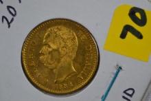 1882 Gold Italy 20 Lire BU