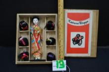 Vintage  Chinese doll and wigs in original wood box