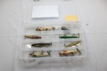 Group of 7 Vintage Wooden Fishing Lures Plus 1 Rubber Mouse Fishing Lure