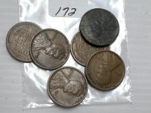 6 -1910's Lincoln Wheat Cents - Average Circulated Condition