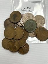 20-1920's Lincoln Wheat Cents - Mixed Date and Mint Marks - Average Circulated Condition