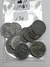 11-1943's Lincoln Wheat Cents - Mixed Mint Marks - Average Circulated Condition