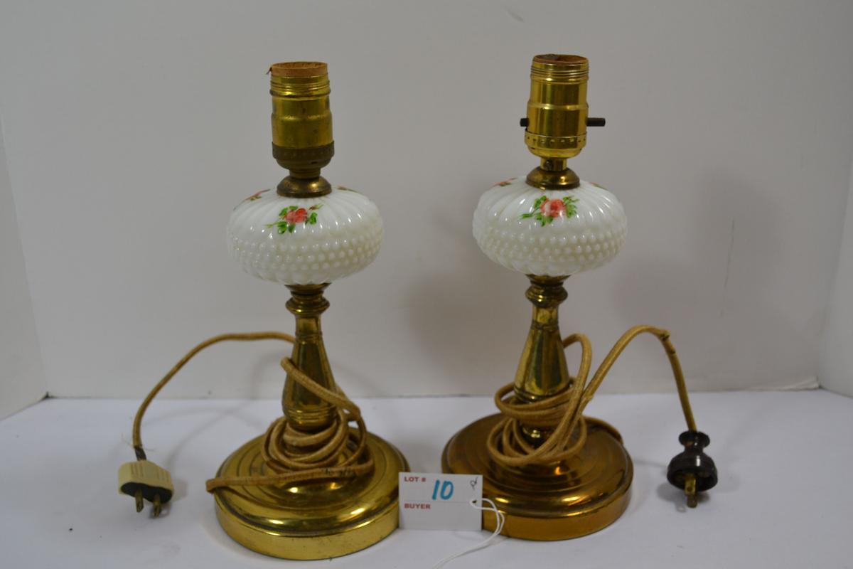 Pair of Handpainted Hobnail Milk Glass Electric Lamps w/Brass Colored Bases; 11"; Needs Rewired