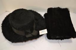 Handmade Black Fur? Hat w/Ribbon and Mink Handmade Shawl