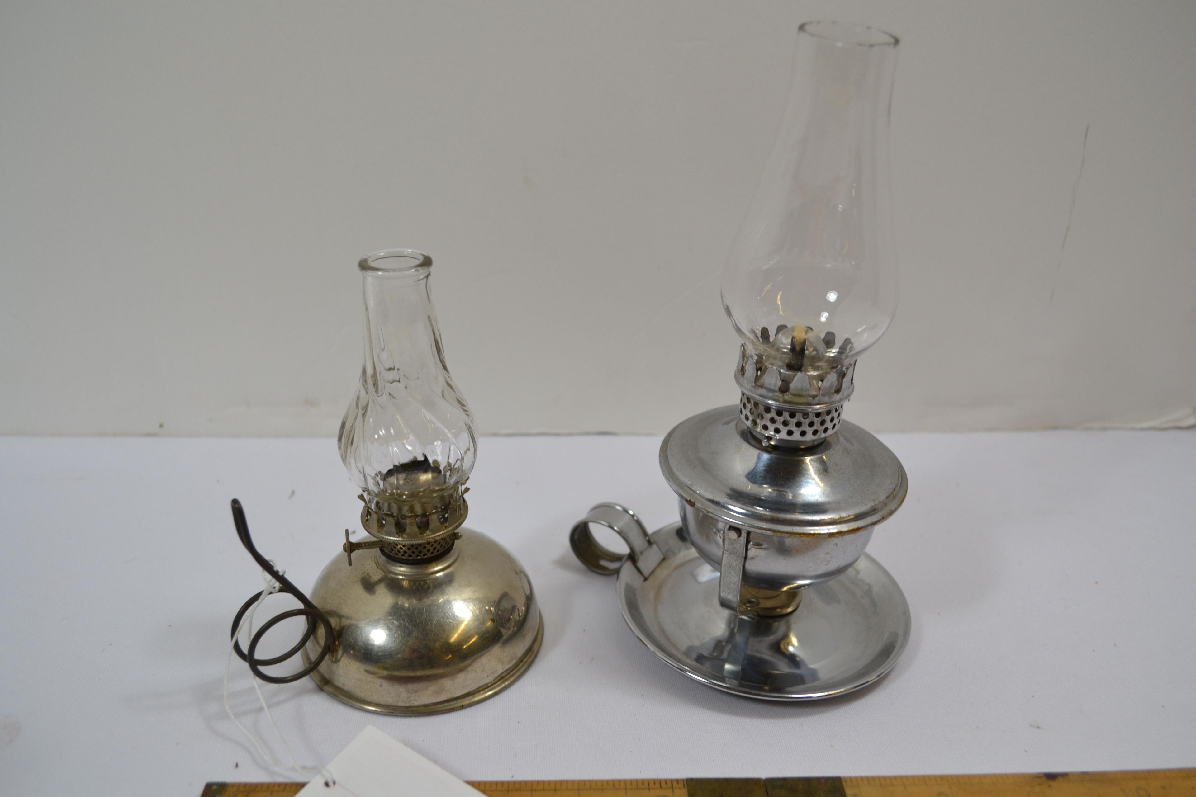 Pair of Mini Oil Finger Lamps; One w/Metal Swivel Base and One w/No. 41 Tin Base; Wire Handles