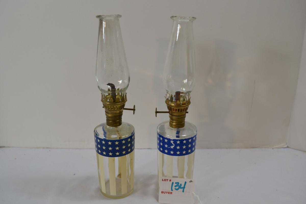 Pair of Mini Oil Lamps "Patriotic"; Some Wear; 10"
