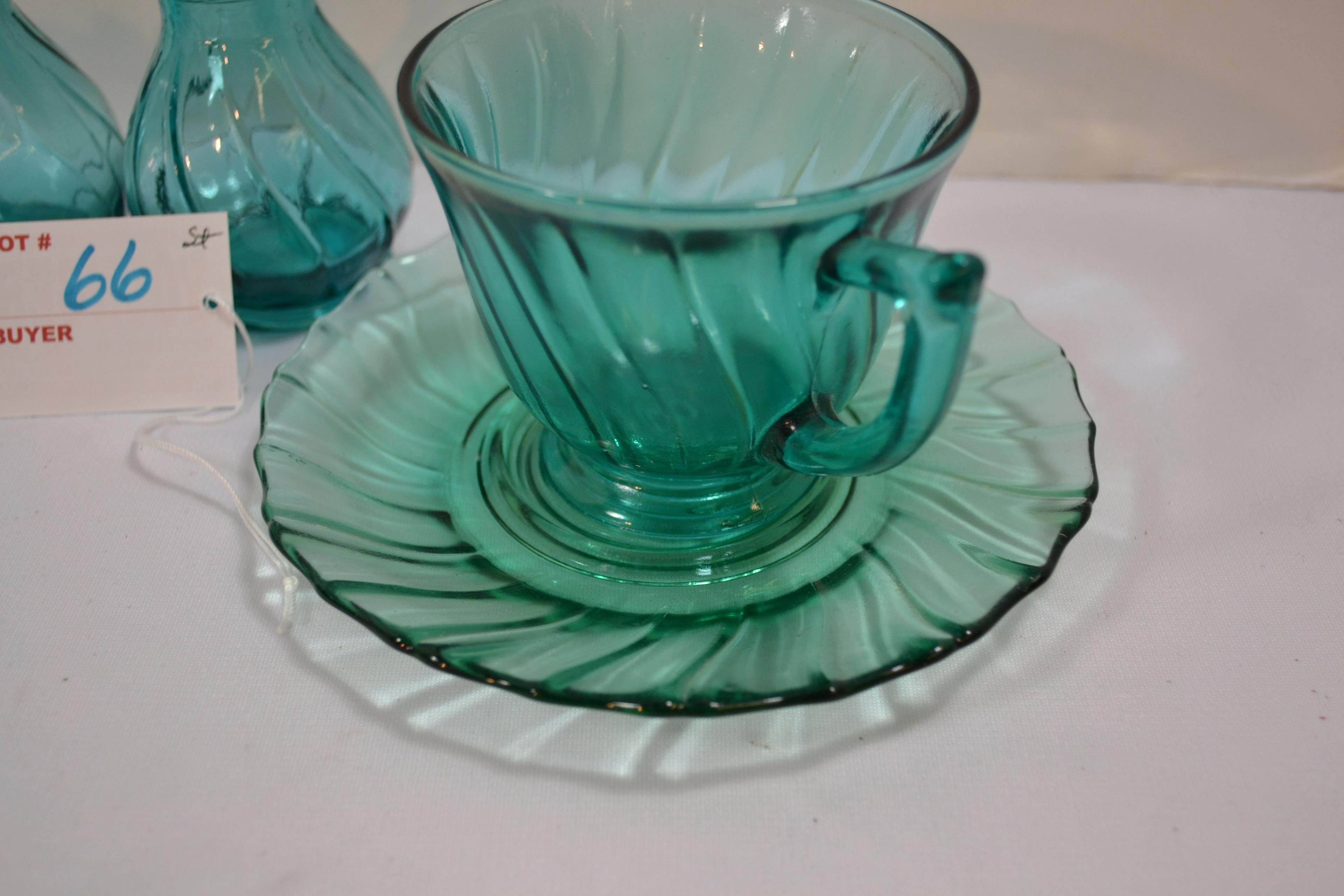 Group of Jeanette Ultramarine Swirl Cup/Saucers and Salt and Pepper Depression Glass