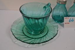 Group of Jeanette Ultramarine Swirl Cup/Saucers and Salt and Pepper Depression Glass