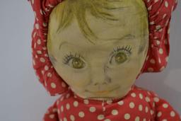 Vintage Cloth Doll w/Litho-Style Face; 15" Tall