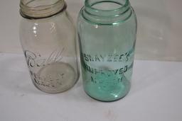 2 - Vintage Quart Mason Jars, Clear Ball Jar, and Green Swayzee Jar; No Lids