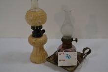Antique Clear Purple Mini Oil Lamp Attached to Tin Saucer and Vintage Mini Hobnail Painted Oil Lamp