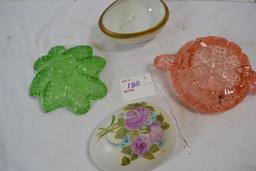 Pair of Green and Pink Depression Glass Candy Dishes and Handpainted Ceramic Egg (Has Crack)