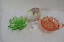 Pair of Green and Pink Depression Glass Candy Dishes and Handpainted Ceramic Egg (Has Crack)