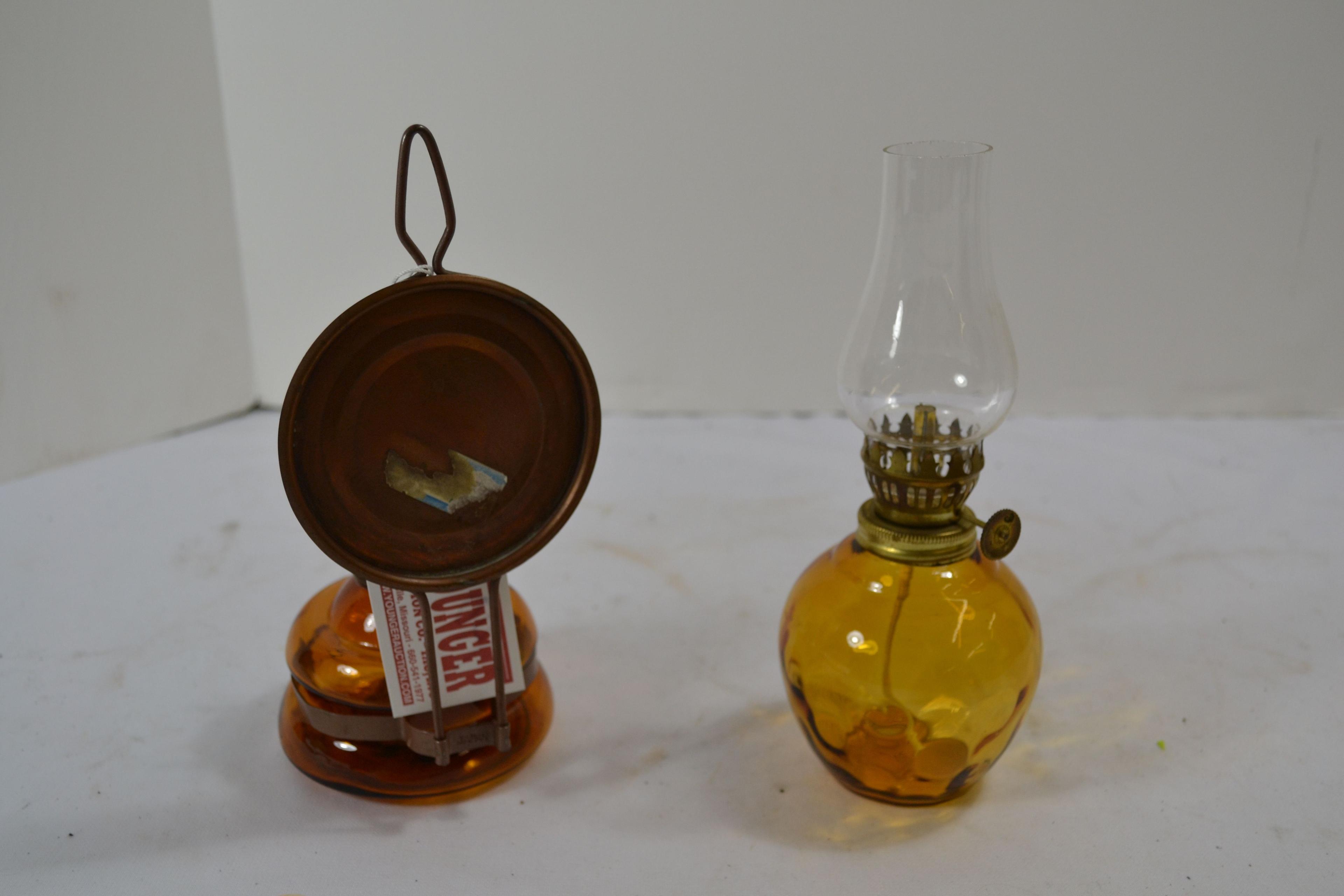 Vintage Mini Amber Coin Dot Oil Lamp and Amber Patio Lamp w/Reflector; Note lot number in photo shou