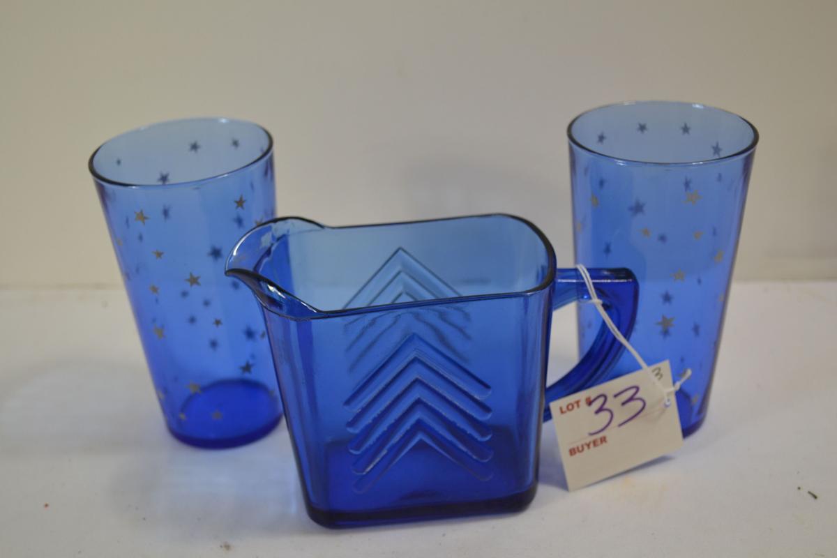 Pair of Calver Celestial Blue Glasses and Blue Milk/Juice Pitcher