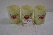 3 Vintage Yellow Custard Handpainted Uranium Glass Tumblers