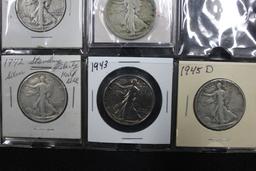 5 - Walking Liberty Half Dollars Including 1935, 1942, 1943, 1943-D, and 1945-D