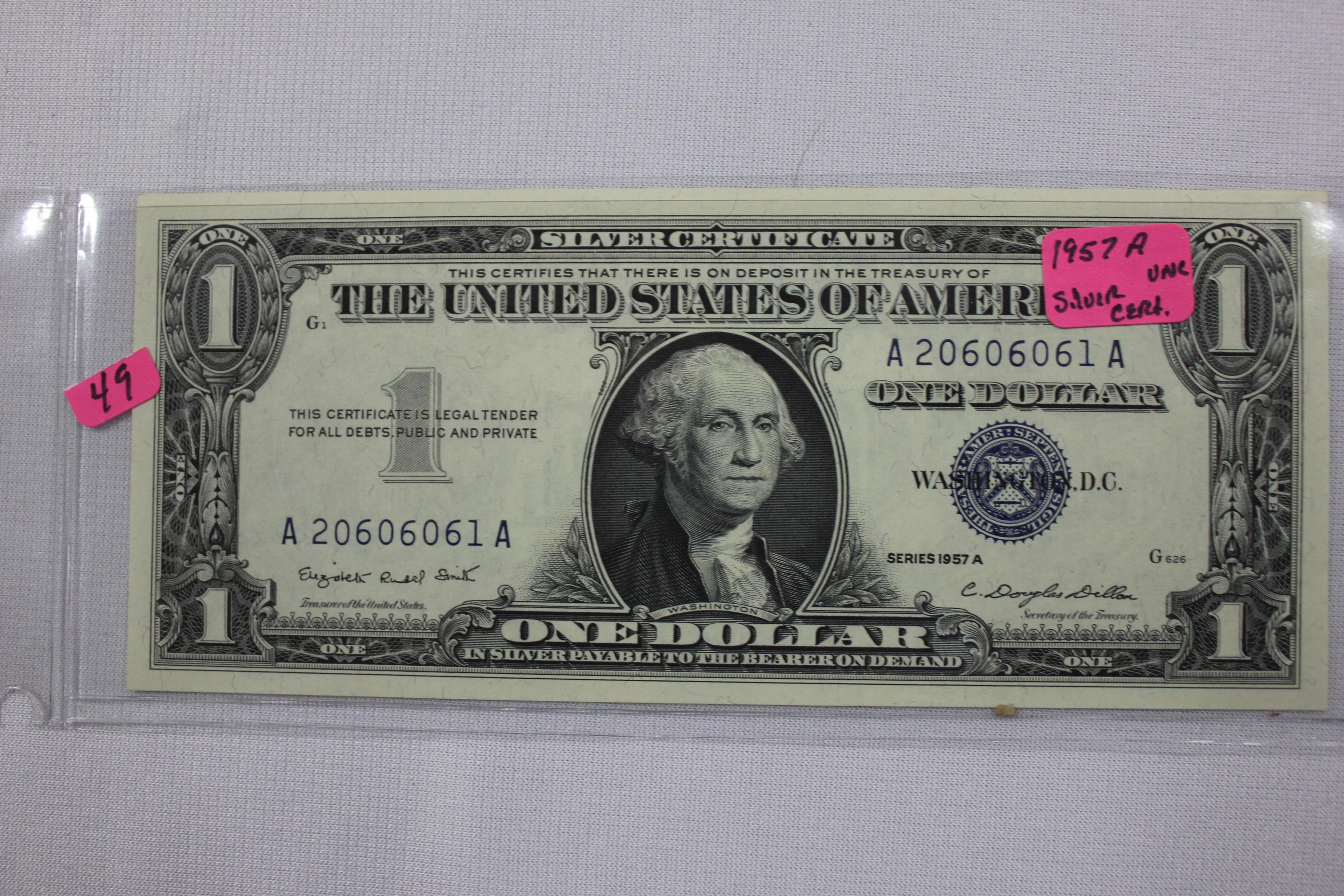 1957-A One Dollar Silver Certificate; Uncirc.