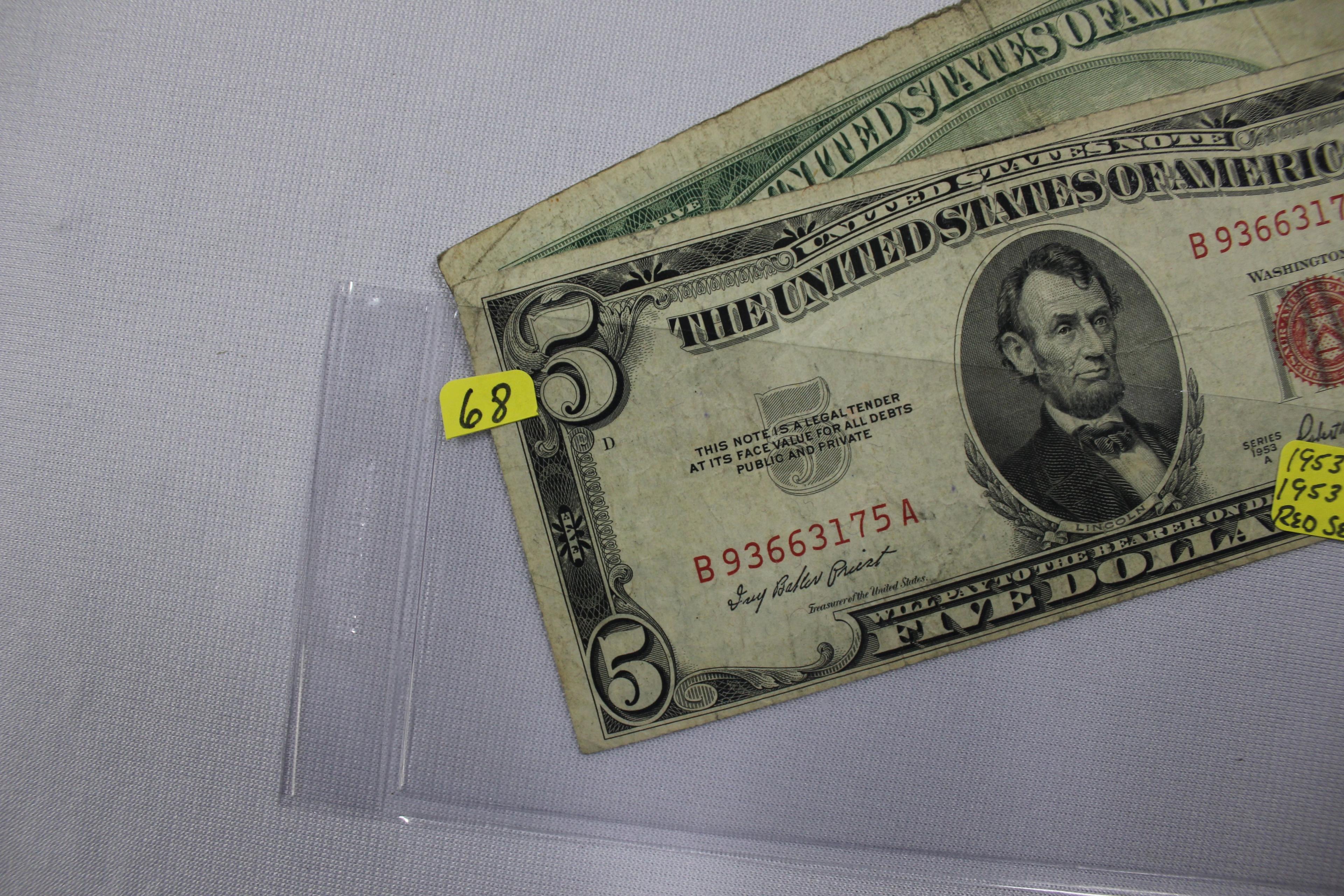 Pair of Five Dollar Red Seals including 1953-A and 1953-C; Circ.