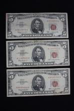 Group of 3 - 1963 Five Dollar Red Seals; Circ.