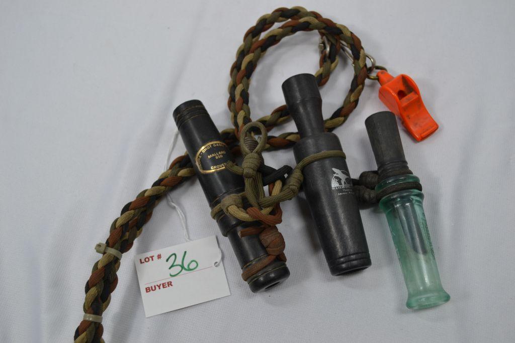 Group of Sure-Shot, Primos and Waterfowl Duck Calls On Lanyard With Whistle