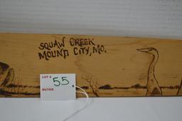 Squaw Creek, Mound City Mo; Frog and Crain Scenery Wood Burned On Hide Stretcher