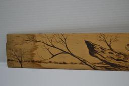 Squaw Creek, Mound City Mo; Frog and Crain Scenery Wood Burned On Hide Stretcher