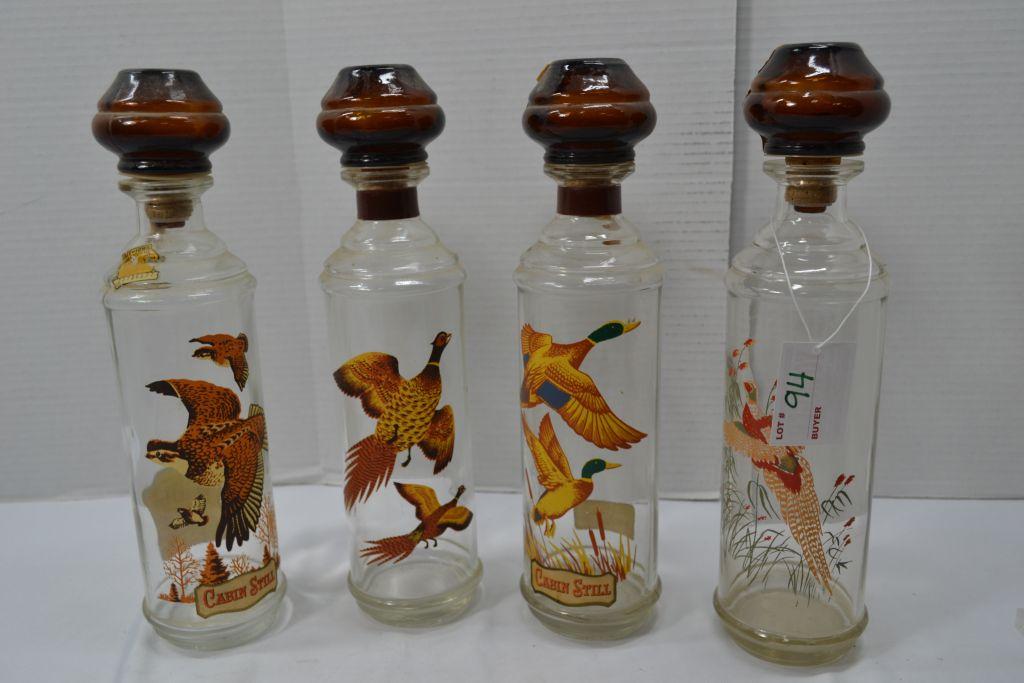 4- Vintage Cabin Still Whiskey Decanters, Duck, Quail and Pheasant Designs, 12.5" Tall