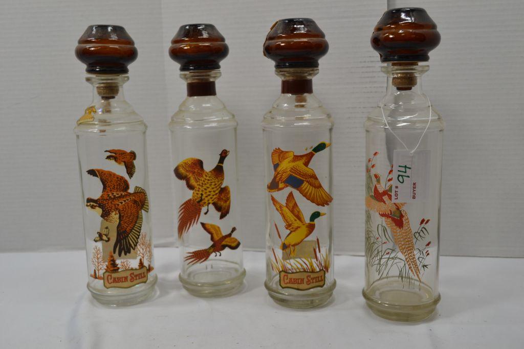 4- Vintage Cabin Still Whiskey Decanters, Duck, Quail and Pheasant Designs, 12.5" Tall