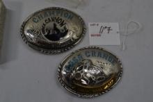 Pair of Silver and Turquoise Belt Buckles, Cash Grande High Over All Quail Design and Champion Black