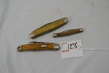 3 Misc. Wooden Handle Multi Blade Pocket Knives (All Used)