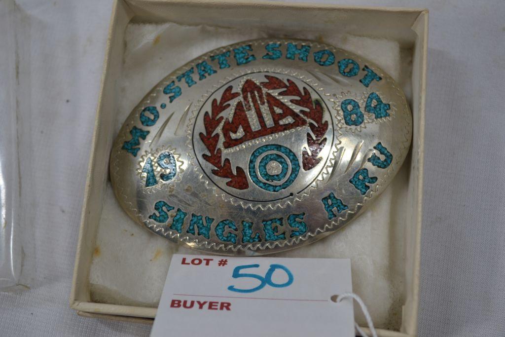 MO State Shoot MTA 1984 Singles A RU Silver Turquoise and Red Belt Buckle in Box